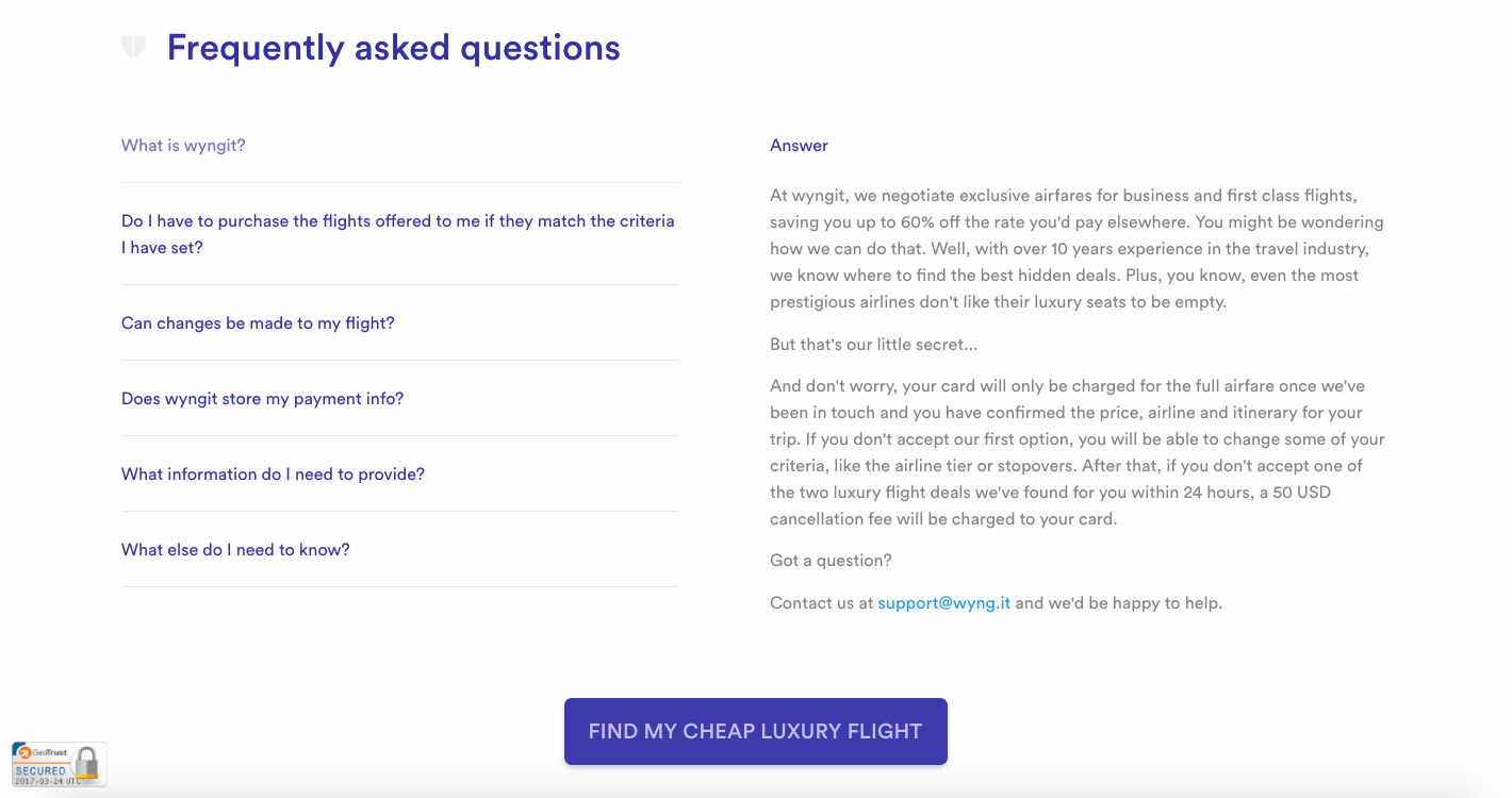 FAQs section of luxury travel startup website
